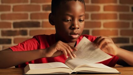Focused young african american boy in red shirt intently reading an open book with his finger tracing the line against a brick wall background