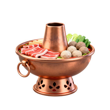 Traditional Copper Hot Pot (Loaded with Meat Slices, Meatballs & Vegetables, Featuring Handle & Decorated Base) &ndash; For Cuisine & Dining Visual Concepts