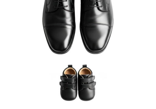 A pair of adult black leather dress shoes above a pair of baby black leather shoes