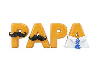 The word papa in 3d letters with a mustache and a shirt and tie