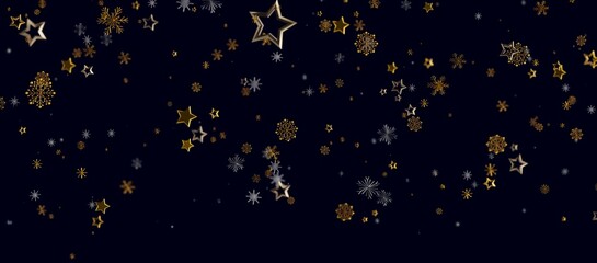 Obraz premium Festive dark blue background with gold and silver stars and snowflakes. Perfect for Christmas, winter holidays, and New