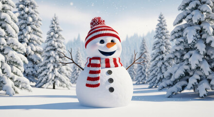 Fototapeta premium Cheerful snowman wearing red and white striped scarf and hat stands in snowy landscape surrounded by evergreen trees, embodying festive spirit of Christmas and New Year celebrations