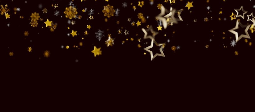 Elegant abstract design featuring gold stars and snowflakes floating against a dark backdrop. Perfect for holiday themes