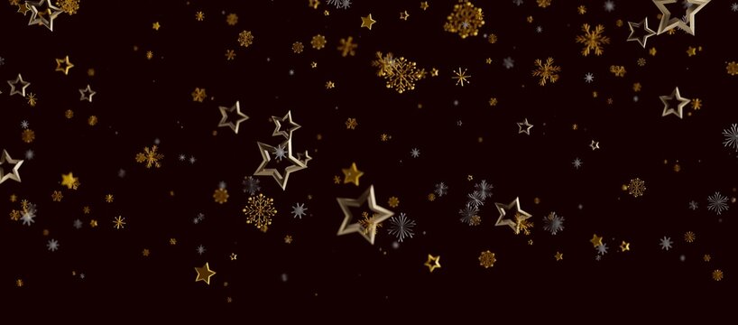 Festive abstract background featuring gold stars and snowflakes on a dark backdrop, perfect for holidays, Christmas, and - Powered by Adobe