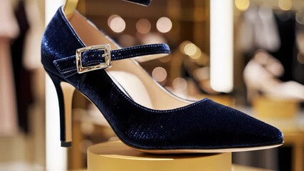 Closeup of a luxurious navy blue velvet high heel shoe with a delicate ankle strap and gold buckle displayed in a boutique setting