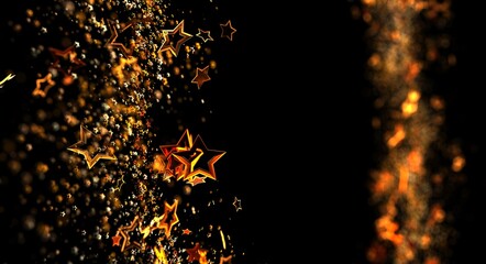 Abstract gold stars and bokeh effects on black background. Perfect for celebrations, new year, party, luxury, and festive de