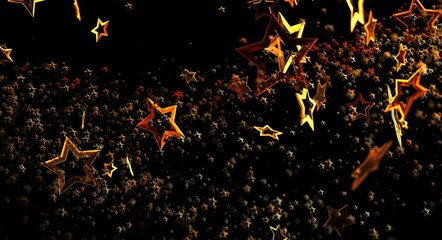 Dynamic, vibrant image of golden stars against a black backdrop. Perfect for holiday themes,...