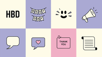 A collection of simple modern icons representing celebration communication and appreciation including hbd best day banner happy face megaphone speech bubble heart message thank you note and scroll