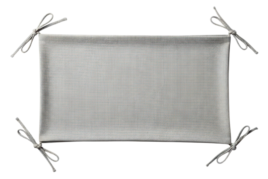 Rectangular gray fabric panel with string ties on corners on a transparent background