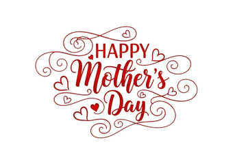 Happy mothers day elegant red calligraphy with hearts and swirls