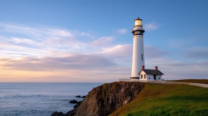 Majestic Lighthouse Standing Tall on Rocky Coastline at Sunrise, Illuminating Sea and Sky with Warm Hues of Dawn Over Coastal Landscape