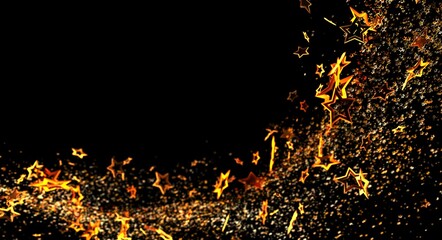 Sparkling abstract background with floating gold stars and glitter particles on a black backdrop. Perfect for elegant design