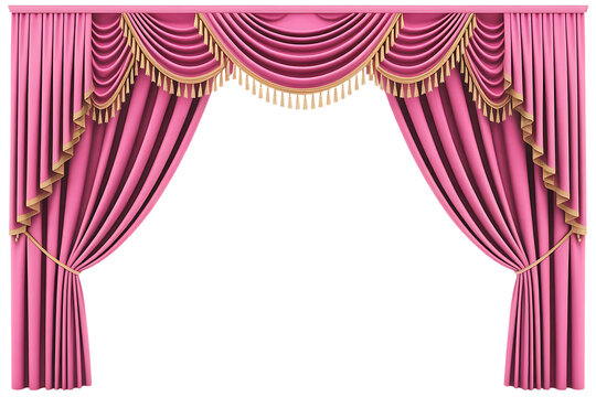 Elegant pink stage curtains with gold trim isolated on white background