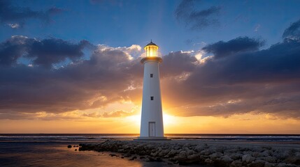 Naklejka premium Beautiful and Serene Lighthouse at Sunset with Dramatic Clouds and Reflections on the Calm Ocean, Capturing a Peaceful Coastal Landscape Scene