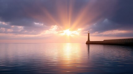 Serene Sunrise Over Calm Waters With A Lighthouse Silhouette Illuminated By Radiant Sunbeams Amidst Soft Clouds And Gentle Ocean Waves