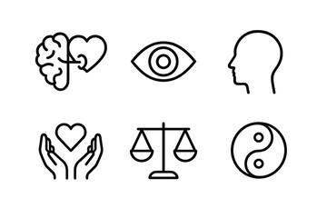 Symbols of mind, balance, and harmony: brain, heart, eye, head, scales, yin yang