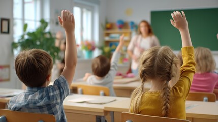 Classroom children shown from back lifting hands with soft blurred teacher ahead creating organized cheerful school mood defined by clean geometry and colorful details