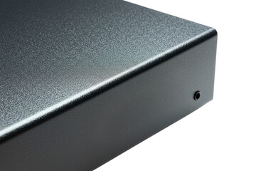 Black metal chassis corner with textured finish detail on a transparent background