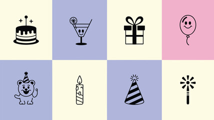 A cheerful collection of birthday celebration icons including a cake cocktail gift balloon teddy bear candle party hat and sparkler set against a pastel grid background