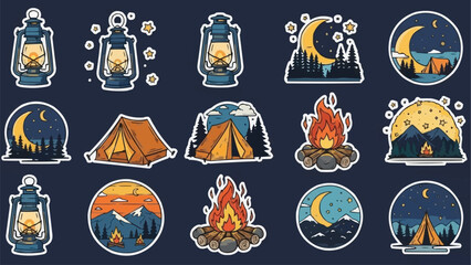 Camping adventure stickers collection with lanterns tents and campfires.