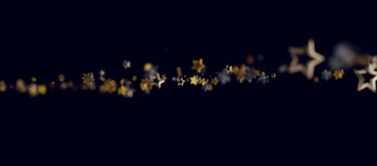 Abstract and elegant design of glittery stars, snowflakes and particles floating against a dark navy blue background for