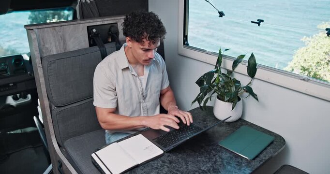 Email, laptop and notebook with man in van for travel blog, freelancer or holiday review. Road trip advisor, online guide and remote worker with person in campervan for research or digital nomad