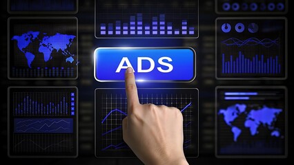 Digital marketing interface with hand pressing 'ads' button