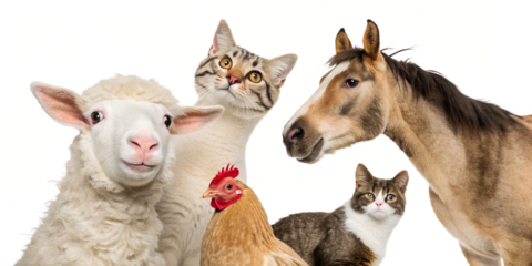 A humorous and charming group portrait of a sheep, a horse, a chicken, and two cats, all gathered closely together and looking directly at the camera. Isolated on a clean white background, this funny 