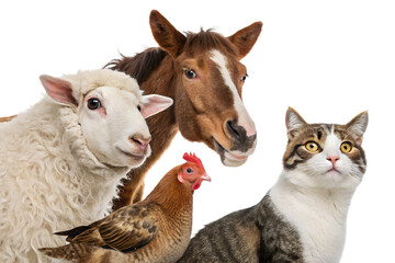 Obraz premium A humorous and charming group portrait of a sheep, a horse, a chicken, and two cats, all gathered closely together and looking directly at the camera. Isolated on a clean white background, this funny 