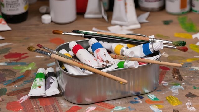Artist’s paint tubes and brushes on colorful workspace