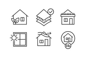 Fototapeta premium Sustainable house icons: eco-friendly design, insulation, solar, green roof, co2 reduction