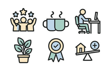 Cartoon icons representing teamwork, coffee breaks, work, growth, achievement, balance
