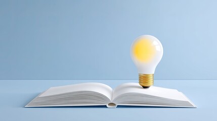 Light Bulb Emerging from Open Book on Blue Background Representing Ideas and Creativity in Education and Knowledge Concept Display