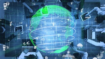 A modern office scene showcasing a diverse group of people collaborating with digital devices, surrounded by a green globe representing technology and innovation. Xenic