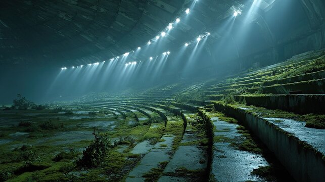 Abandoned stadium covered in moss with dramatic overhead light beams