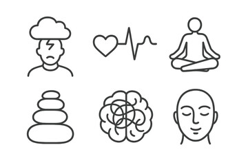 Mindfulness symbols: meditation, relaxation, stress relief, heartbeat, brain, calmness