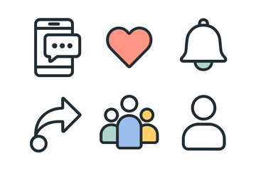 Set of six minimalistic icons: chat, heart, notification, share, community, profile