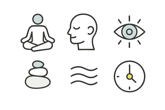 Mindfulness symbols: meditation, relaxation, awareness, balance, calmness, time