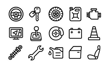 Fototapeta premium Car maintenance icons set: steering wheel, engine, tire, battery, and more tools