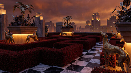 A luxurious rooftop garden maze at sunset with an Art Deco city skyline. Checkered floor, golden statues, and warm lights create a mysterious, elegant scene.