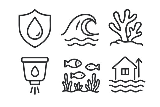 Water conservation and ocean life icon set