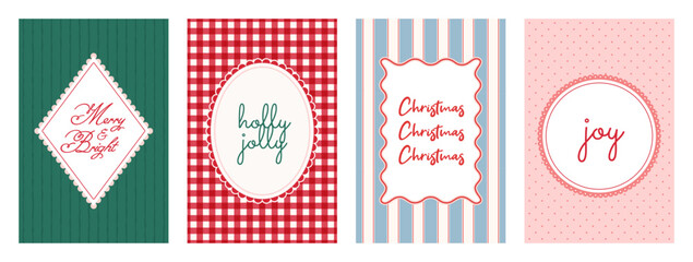 Naklejka premium Christmas frames with festive text on seamless pattern background. Retro wavy scalloped frame set. Holiday postcard templates for xmas. Checkered and striped backdrop. Vector illustration