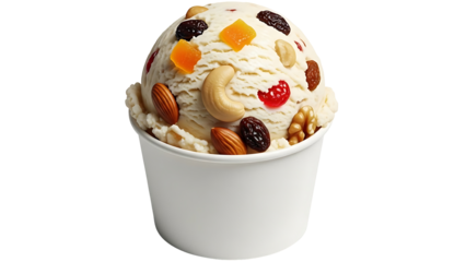 Delicious ice cream cup with nuts and dried fruits