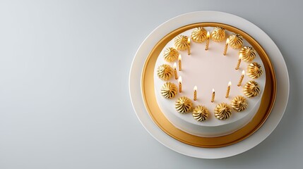 Elegant birthday cake with golden decorations and candles on a gray background, perfect for celebration and special moments, bringing joy and sweetness