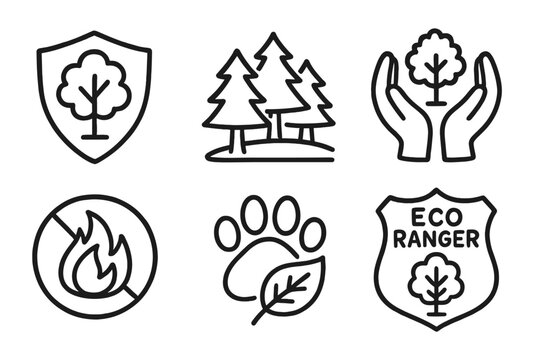 Nature conservation icons: trees, wildlife, fire safety, eco ranger