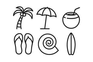 Fototapeta premium Black outline icons: palm tree, umbrella, coconut drink, flip flops, shell, surfboard