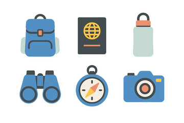 Travel essentials icon set featuring backpack passport camera binoculars compass bottle