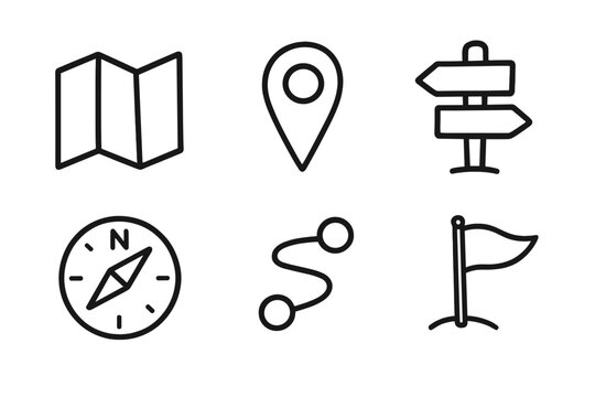 Navigation icons: map, pin, signpost, compass, route, flag