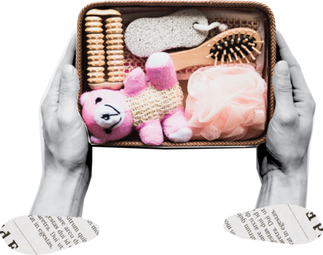 hand holding toy box art collage