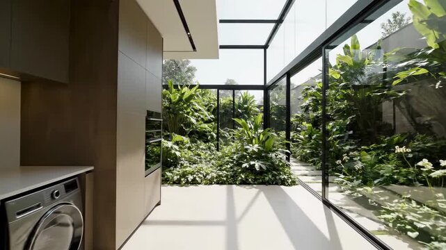 Bright Modern Kitchen and Utility Space with Floor-to-Ceiling Glass Walls Overlooking Lush Tropical Garden